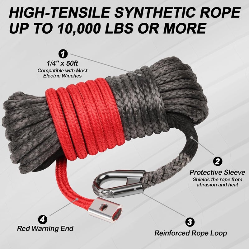 Bonison Synthetic Winch Rope Kit - 1/4'' x 50' with 10,000 lbs Breaking Strength, Included Lightweight Winch Rope Winch Stopper and Winch Hook, Easy Installation, Replacement for ATV UTV Boat Truck Winches - Image 3